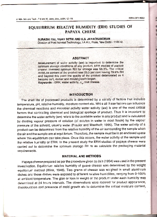 (PDF) Equilibrium Relative Humidity (ERH) studies of papaya cheese.
