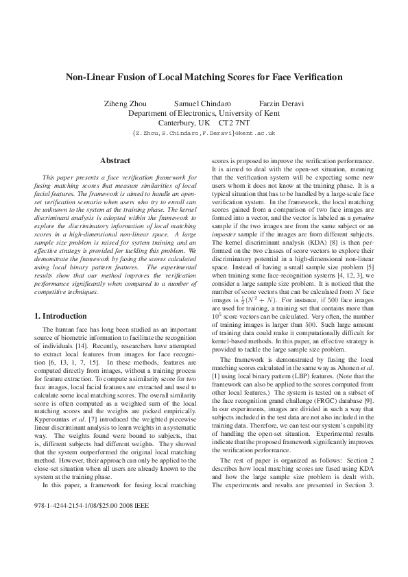 (PDF) Non-Linear Fusion of Local Matching Scores for Face Verification