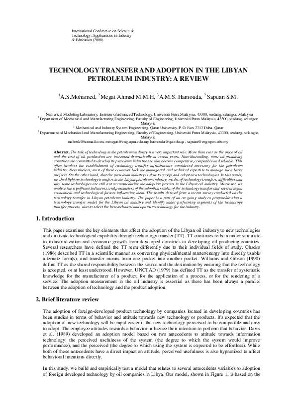 (PDF) TECHNOLOGY TRANSFER AND ADOPTION IN THE LIBYAN PETROLEUM INDUSTRY ...