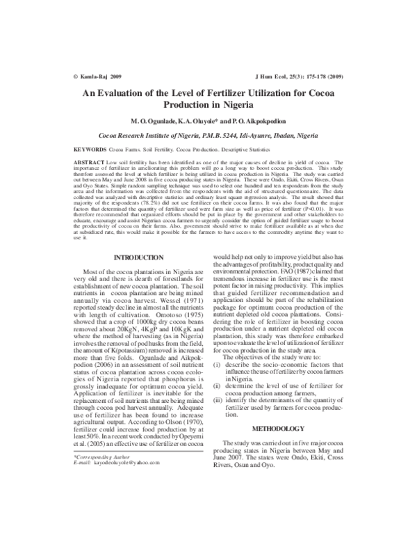 (PDF) An Evaluation of the Level of Fertilizer Utilization for Cocoa