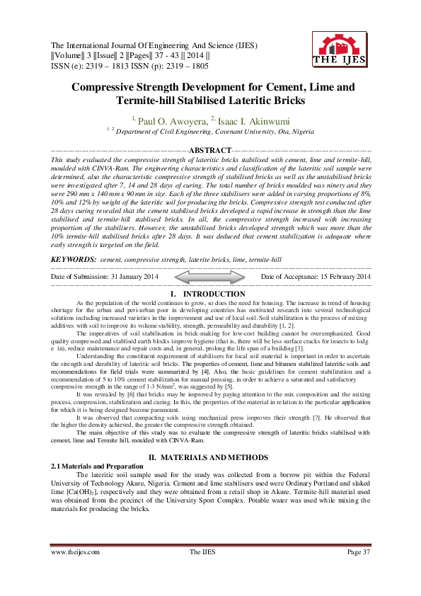 (PDF) Compressive Strength Development for Cement, Lime and Termite