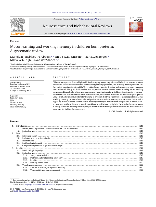(PDF) Motor learning and working memory in children born preterm: A ...
