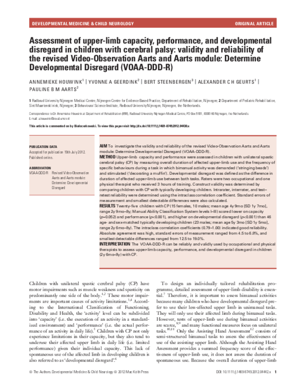 (PDF) Reliability of the Melbourne Assessment of Unilateral Upper Limb ...