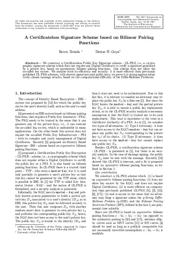 (PDF) AC ertificateless Signature Scheme based on Bilinear Pairing ...