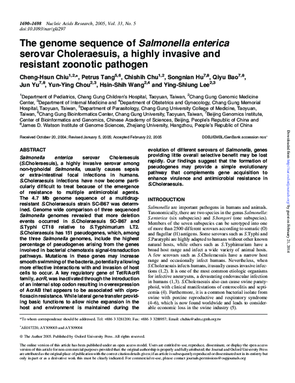 (PDF) The genome sequence of Salmonella enterica serovar Choleraesuis ...