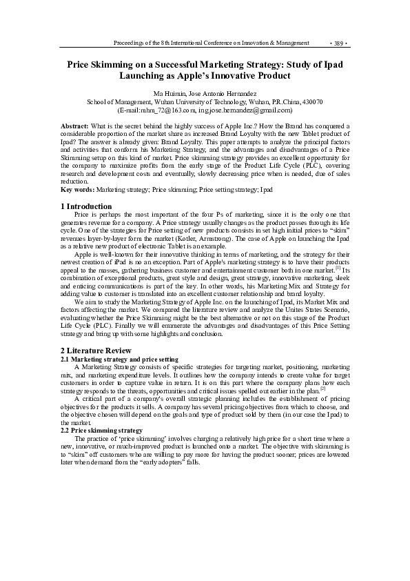 (PDF) Price Skimming on a Successful Marketing Strategy Study of Ipad