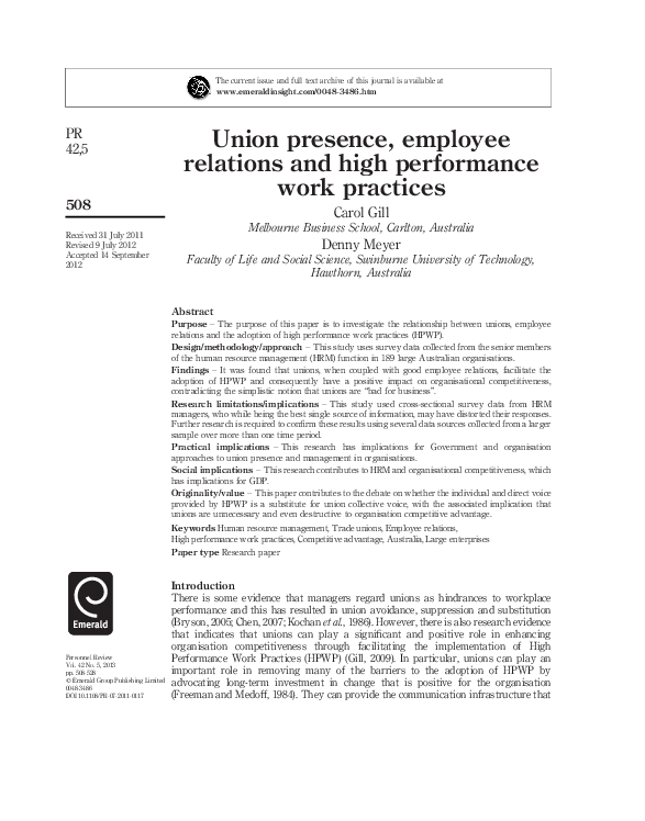 (PDF) Union presence, employee relations and high performance work ...
