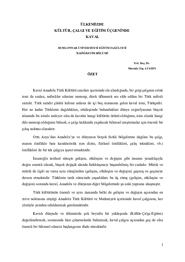 (DOC) Kültür Çalgı Eğitim Üçgeninde Kaval (Kaval Sempozyumu)