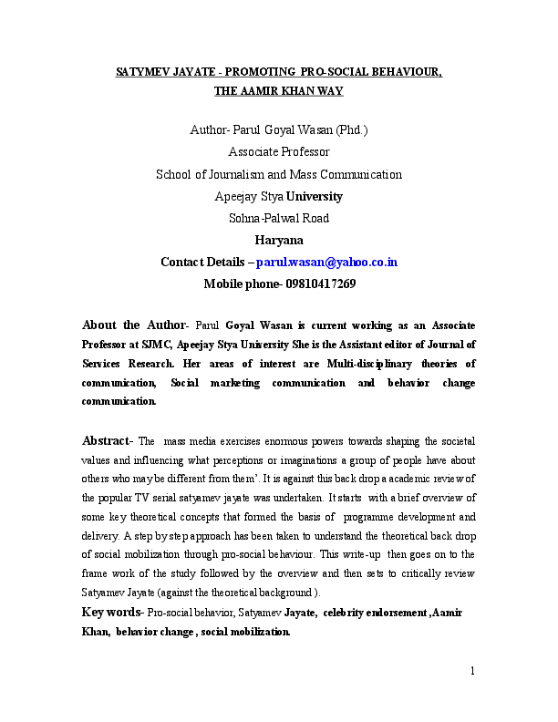 Doc Satymev Jayate Promoting Pro Social Behaviour The mir Khan Way Parul Goyal Wasan Academia Edu