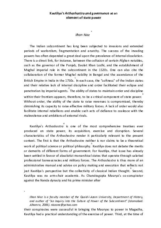 (PDF) Kautilya's Arthashastra and Governance as an Element of State