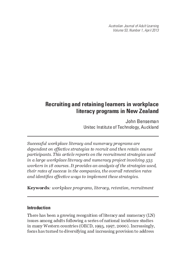 (PDF) Recruiting and retaining learners in workplace literacy programs ...