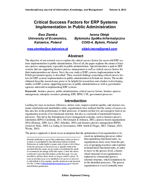 (PDF) Critical Success Factors for ERP Systems Implementation in Public ...