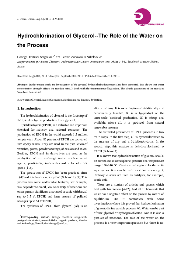 (PDF) Hydrochlorination of Glycerol--The Role of the Water on the Process