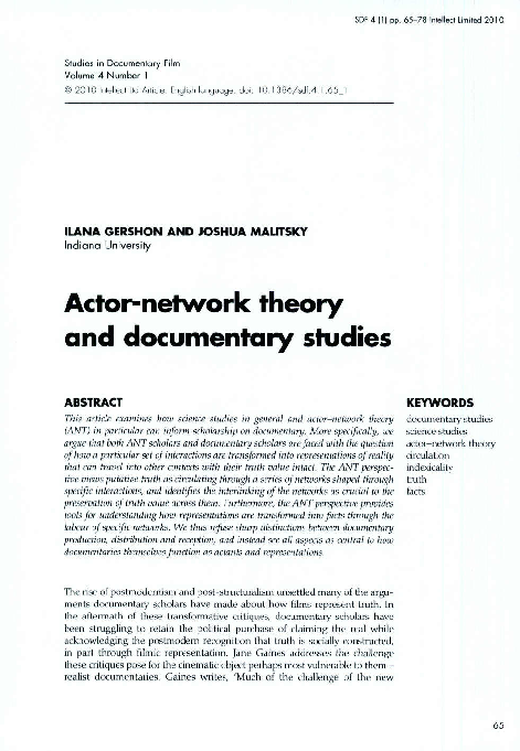 (PDF) Actor-network theory and documentary studies