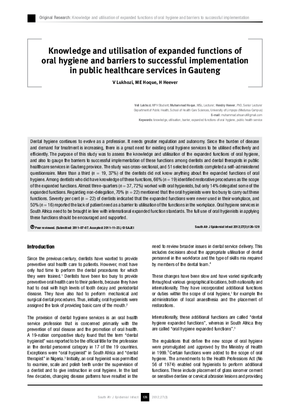 (PDF) Knowledge and utilisation of expanded functions of oral hygiene ...