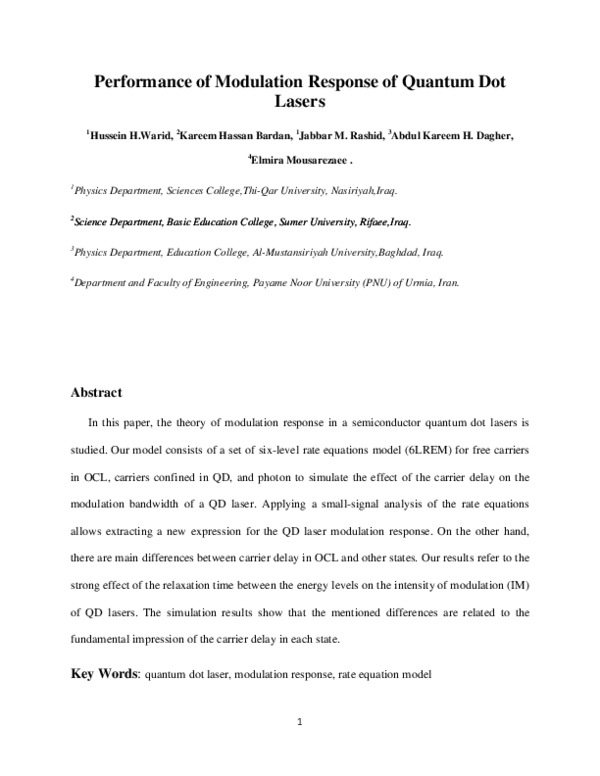 (PDF) Performance of Modulation Response of Quantum Dot Lasers