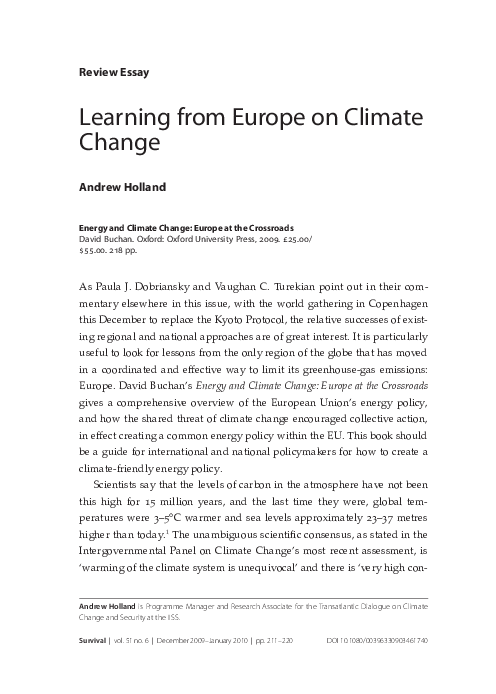 (PDF) Energy and Climate Change: Europe at the Crossroads Learning from ...