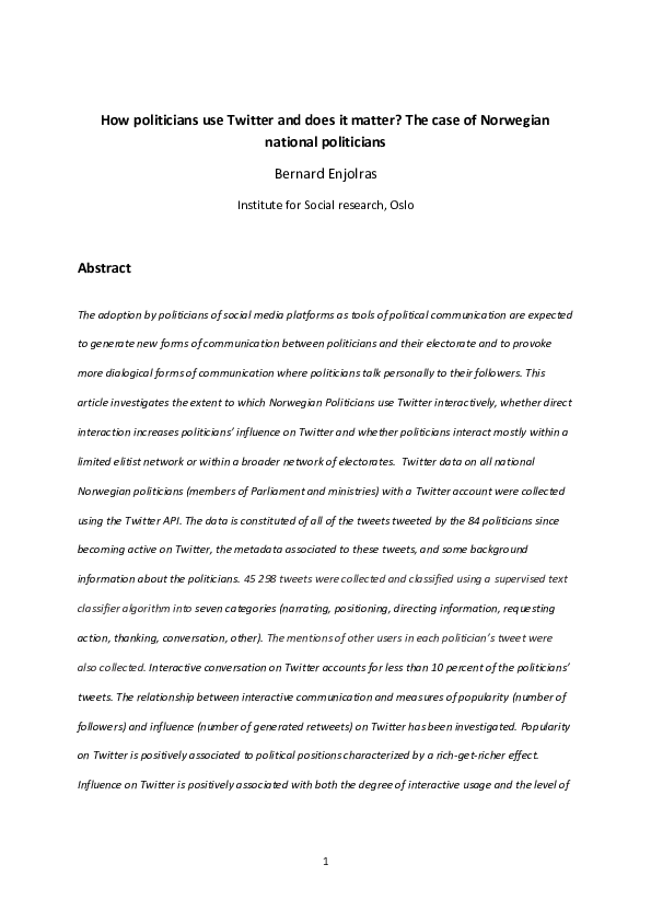 (PDF) How politicians use Twitter and does it matter? The case of