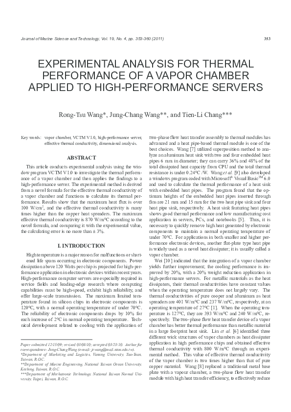 (PDF) EXPERIMENTAL ANALYSIS FOR THERMAL PERFORMANCE OF A VAPOR CHAMBER ...