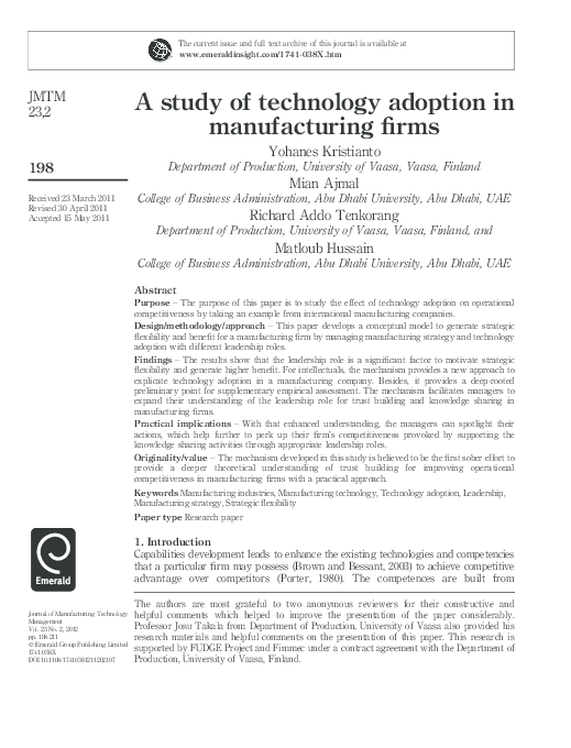 Pdf A Study Of Technology Adoption In Manufacturing Firm Richard Addo Tenkorang Academia Edu