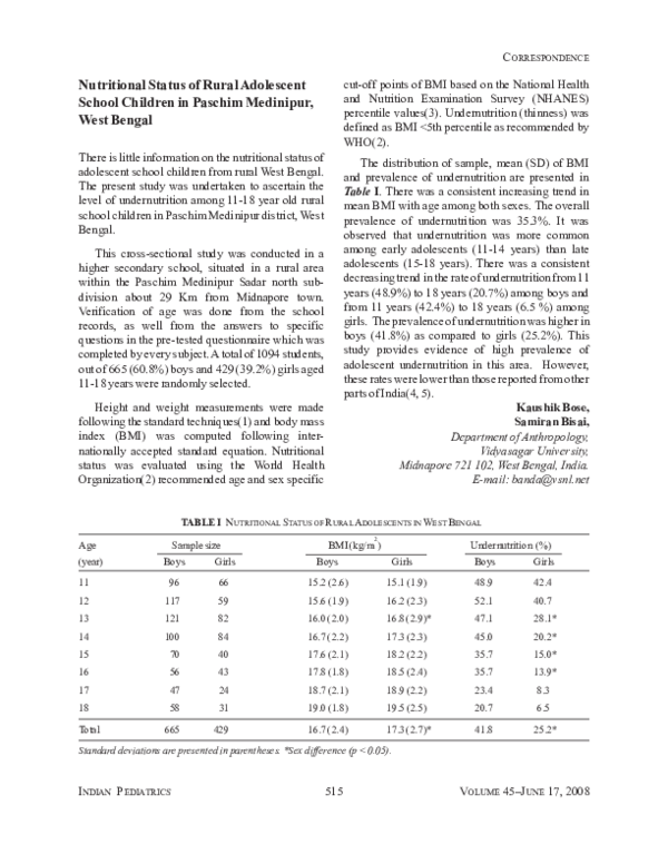 (PDF) Nutritional Status of Rural Adolescent School Children in Paschim ...