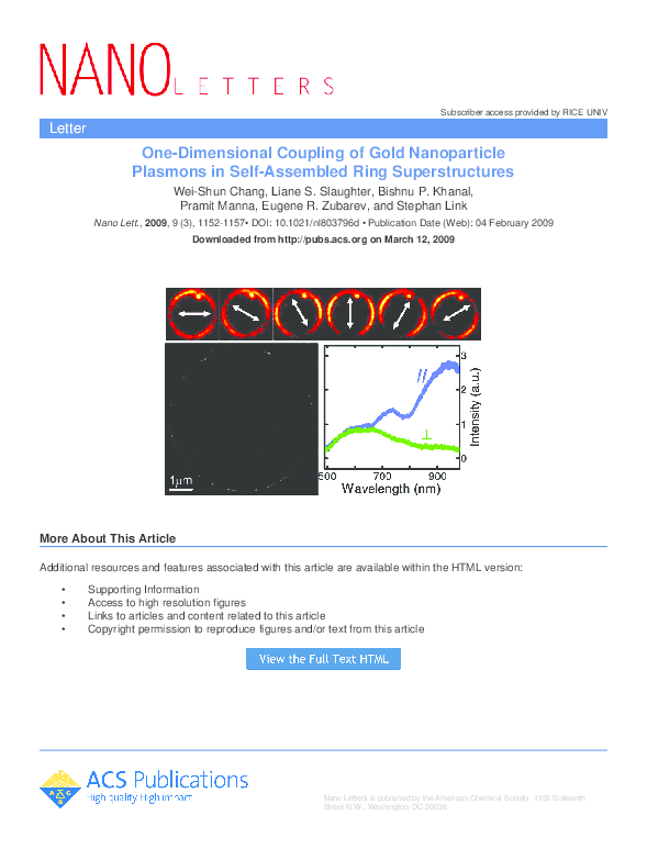 (PDF) One-Dimensional Coupling of Gold Nanoparticle Plasmons in Self ...