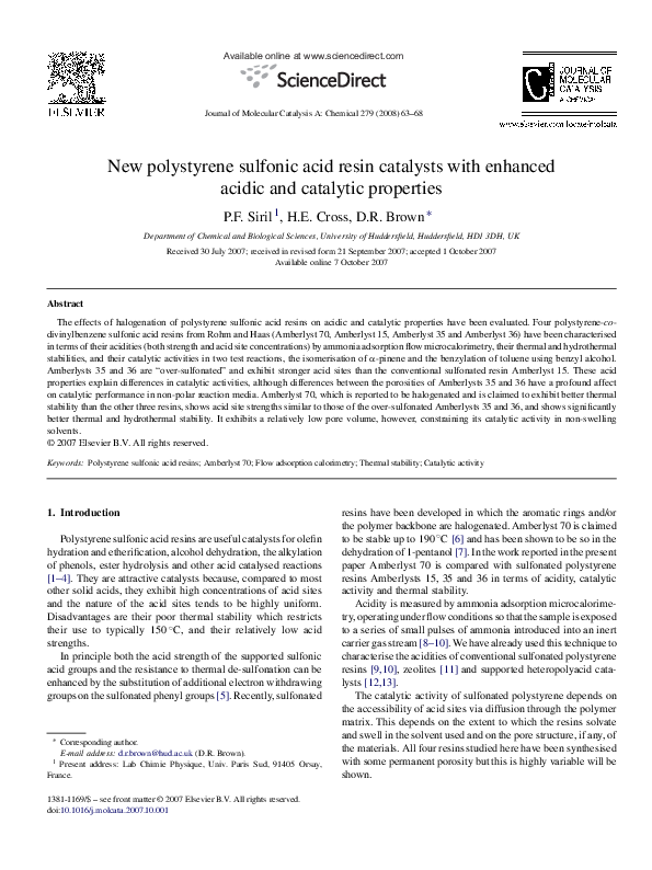 (PDF) New polystyrene sulfonic acid resin catalysts with enhanced ...