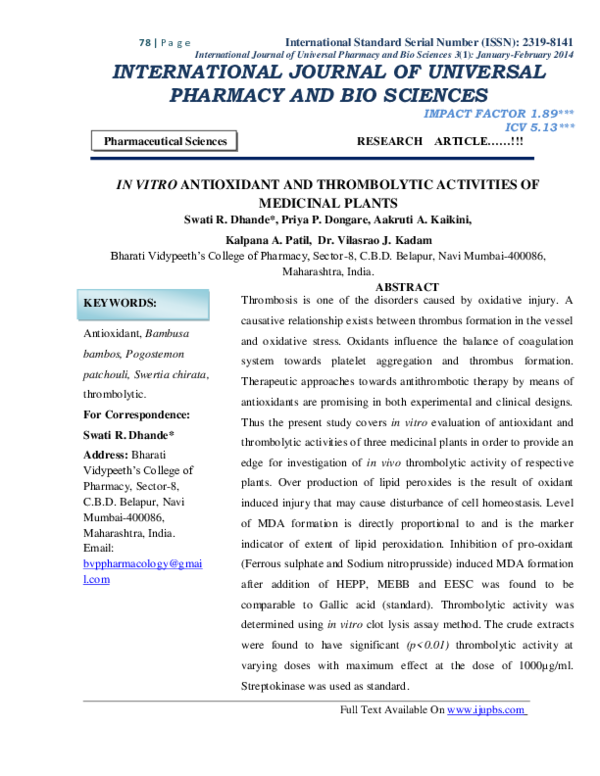 (PDF) IN VITRO ANTIOXIDANT AND THROMBOLYTIC ACTIVITIES OF MEDICINAL PLANTS