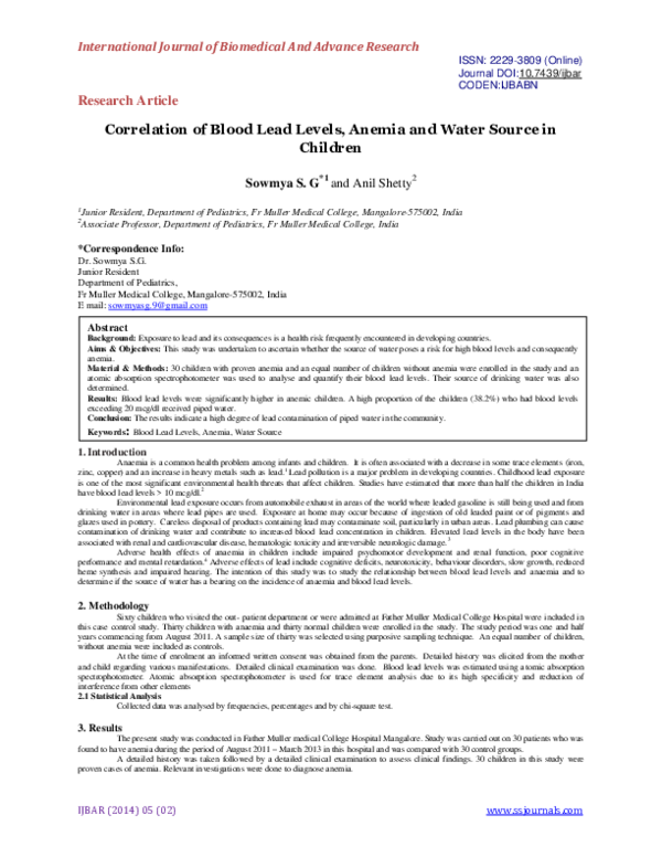 (PDF) Correlation of Blood Lead Levels, Anemia and Water Source in Children