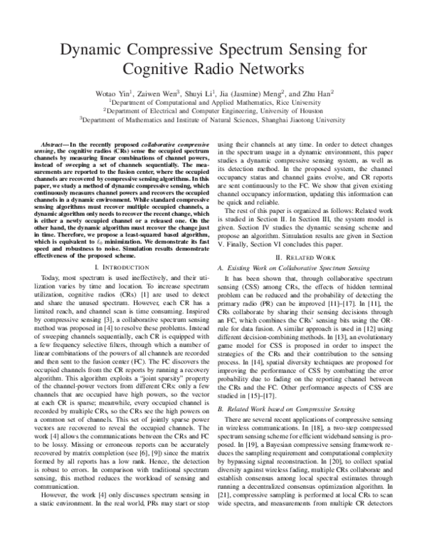 (PDF) Dynamic Compressive Spectrum Sensing for Cognitive Radio Networks