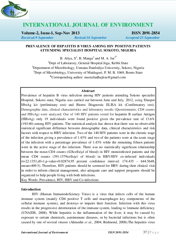(PDF) PREVALENCE OF HEPATITIS B VIRUS AMONG HIV POSITIVE PATIENTS ...