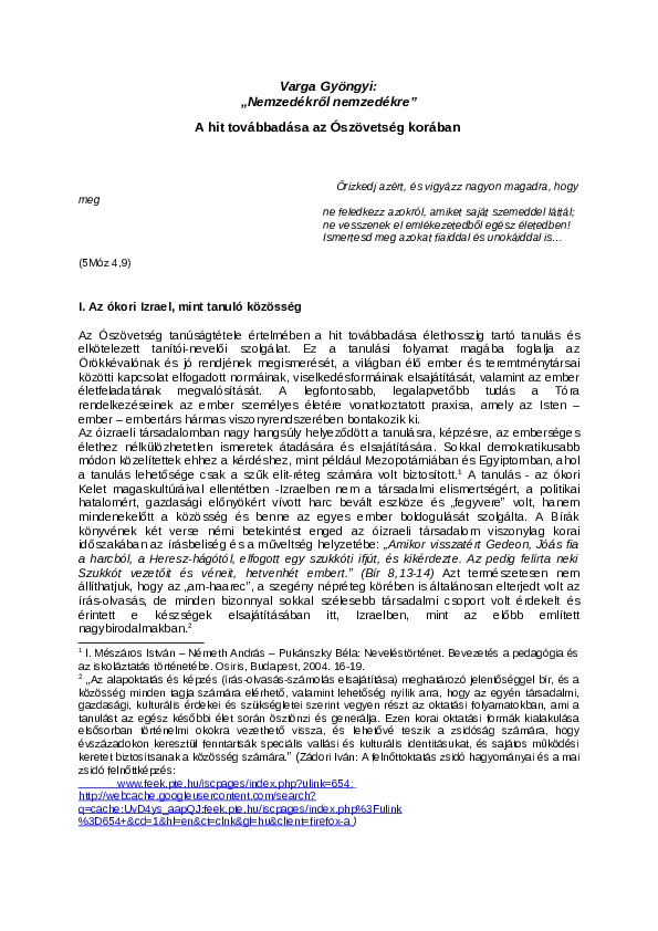 First page of “"Nemzedékről nemzedékre". A hit továbbadása az Ószövetség korában ”