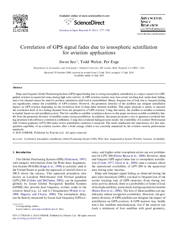 (PDF) Correlation of GPS signal fades due to ionospheric scintillation