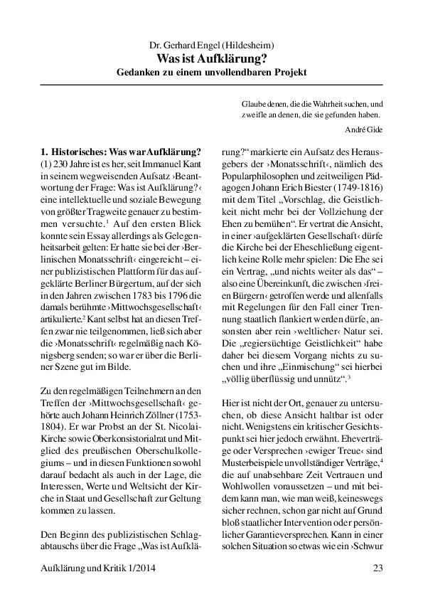 (PDF) Was ist Aufklärung? In: Aufklärung und Kritik 21 (2014), Heft 1