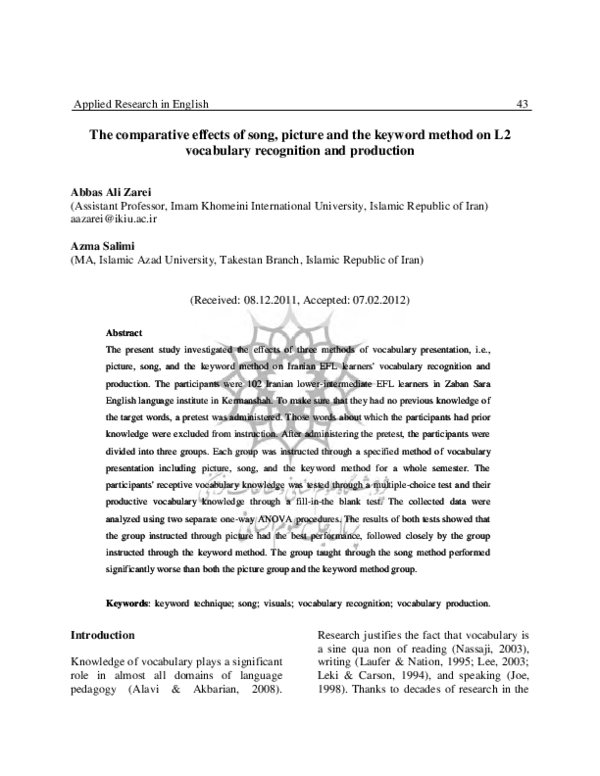 (PDF) The Comparative Effects of Song, Picture and the Keyword Method ...