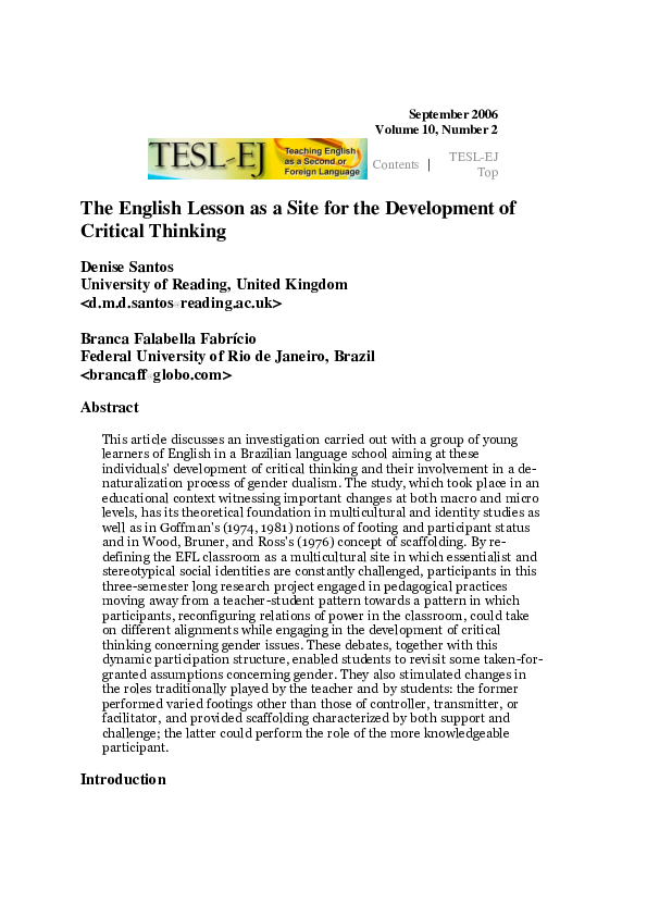 (PDF) The English Lesson as a Site for the Development of Critical Thinking