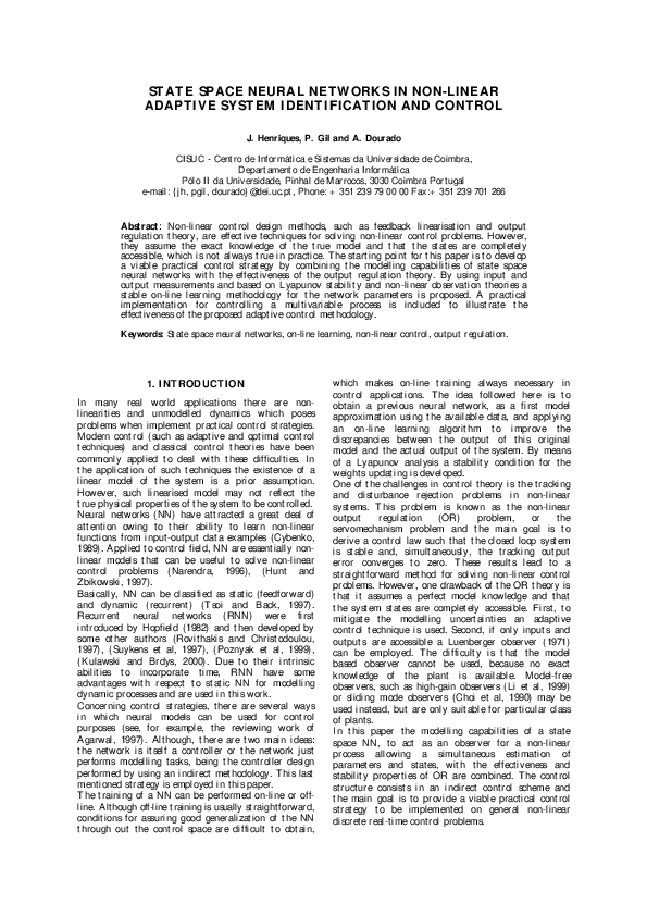 (PDF) STATE SPACE NEURAL NETWORKS IN NON-LINEAR ADAPTIVE SYSTEM ...