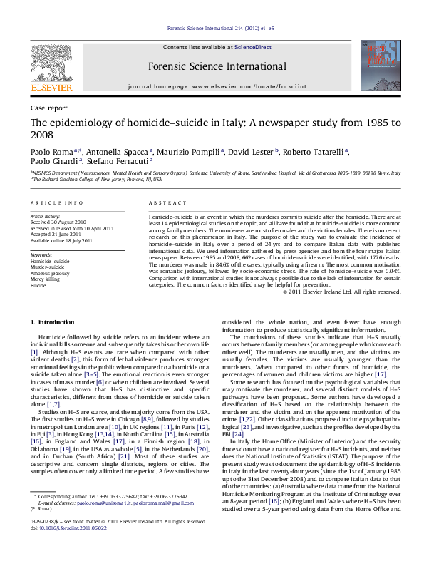 (PDF) The epidemiology of homicide–suicide in Italy: A newspaper study ...