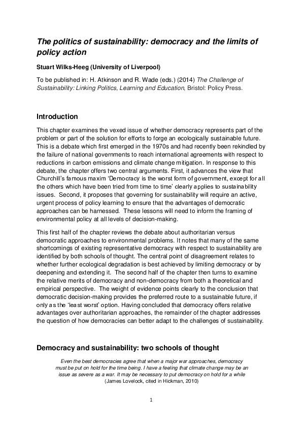 (PDF) The Politics of Sustainability: Democracy and the Limits of ...