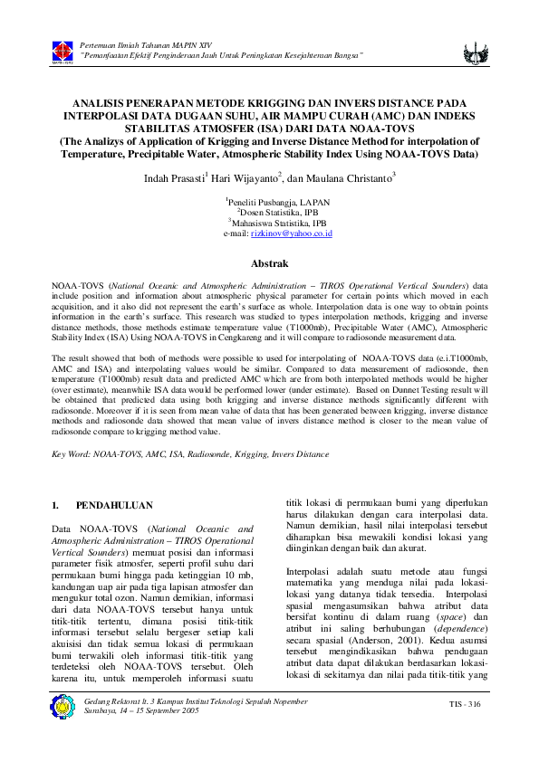 Pdf Analisis Penerapan Metode Krigging Dan Invers Distance Pada Interpolasi Data Dugaan Suhu Air Mampu Curah Amc Dan Indeks Stabilitas Atmosfer Isa Dari Data Noaa Tovs The Analizys Of Application Of Krigging And