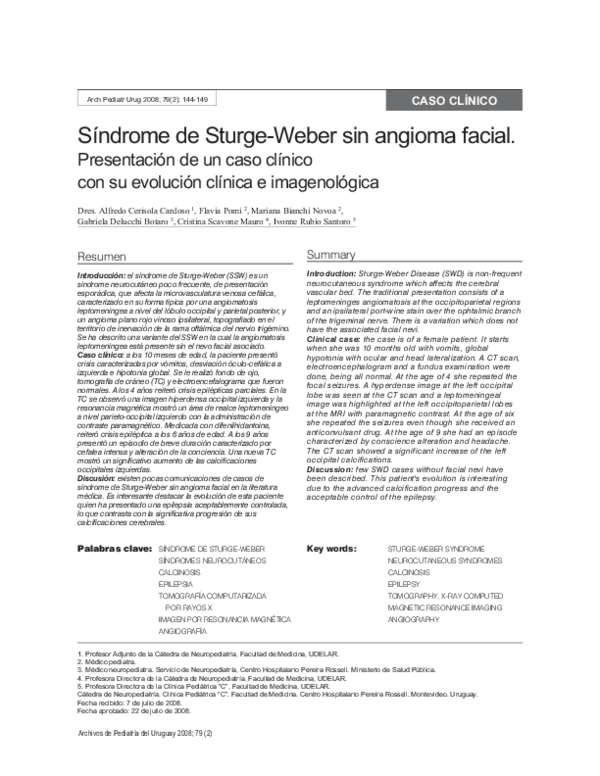 (PDF) Síndrome de SturgeWeber sin angioma facial. Presentación de un caso clínico con su (PDF) Síndrome de SturgeWeber sin angioma facial. Presentación de un caso clínico con su
