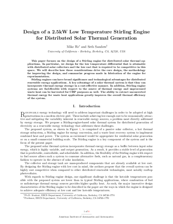 (PDF) Design of a 2.5kW Low Temperature Stirling Engine for Distributed ...