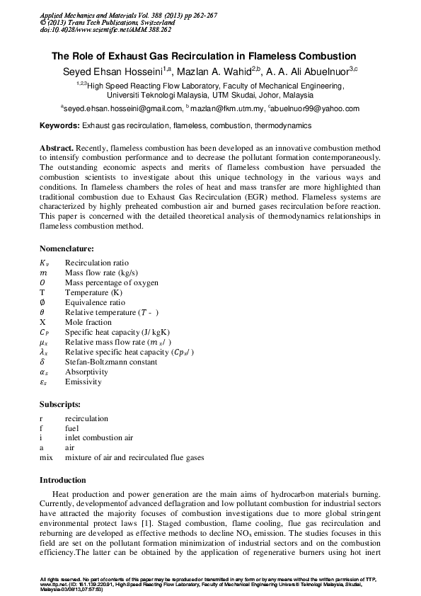 (PDF) The Role of Exhaust Gas Recirculation in flameless Combustion Seyed Ehsan Hosseini