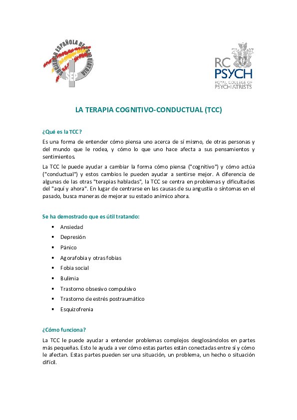 Pdf La Terapia Cognitivo Conductual Tcc