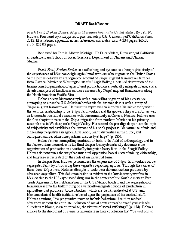 (DOC) Review of Seth Holmes, Fresh Fruit, Broken Bodies Migrant