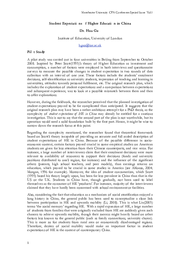 (PDF) Student Expectations of Higher Education in China