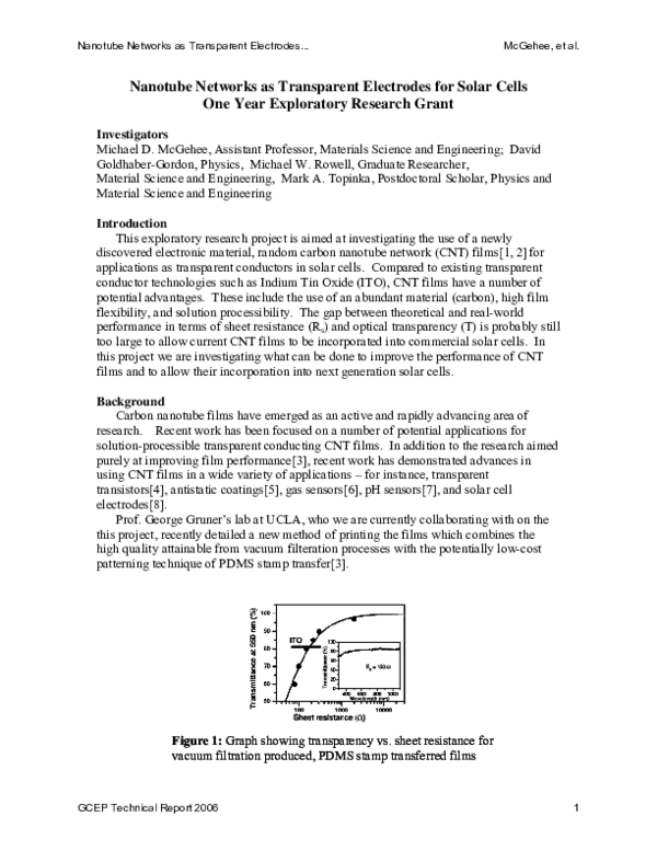 (PDF) Nanotube Networks as Transparent Electrodes for Solar Cells One ...