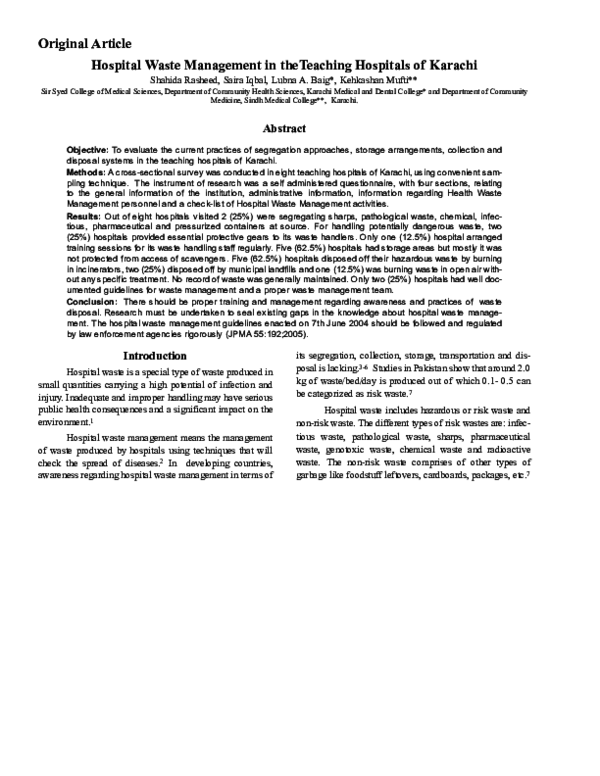 (PDF) Hospital Waste Management in theTeaching Hospitals of Karachi