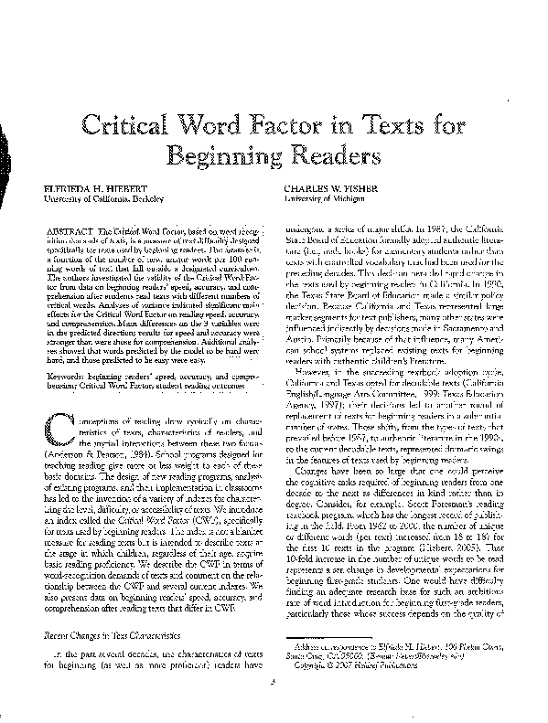 (PDF) Critical Word Factor in Texts for Beginning Readers