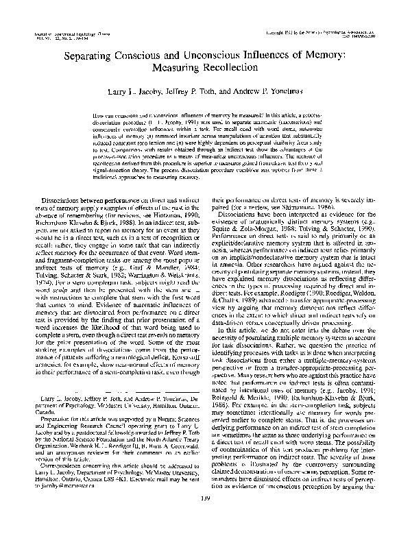 (PDF) Separating conscious and unconscious influences of memory ...